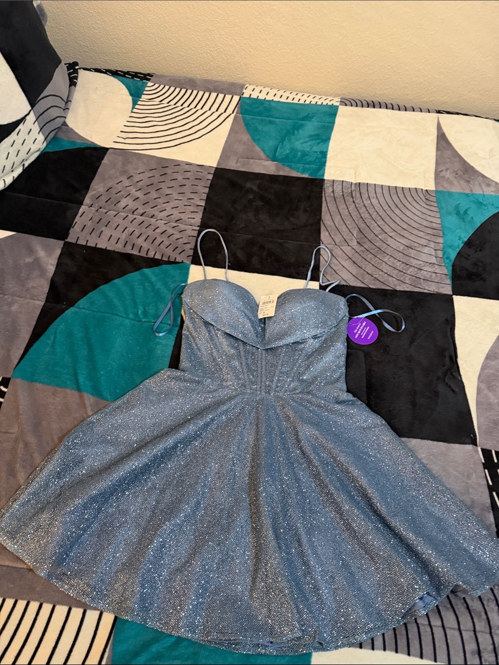 Windsor Shimmery Light Blue Women Party Dress with Spaghetti Straps